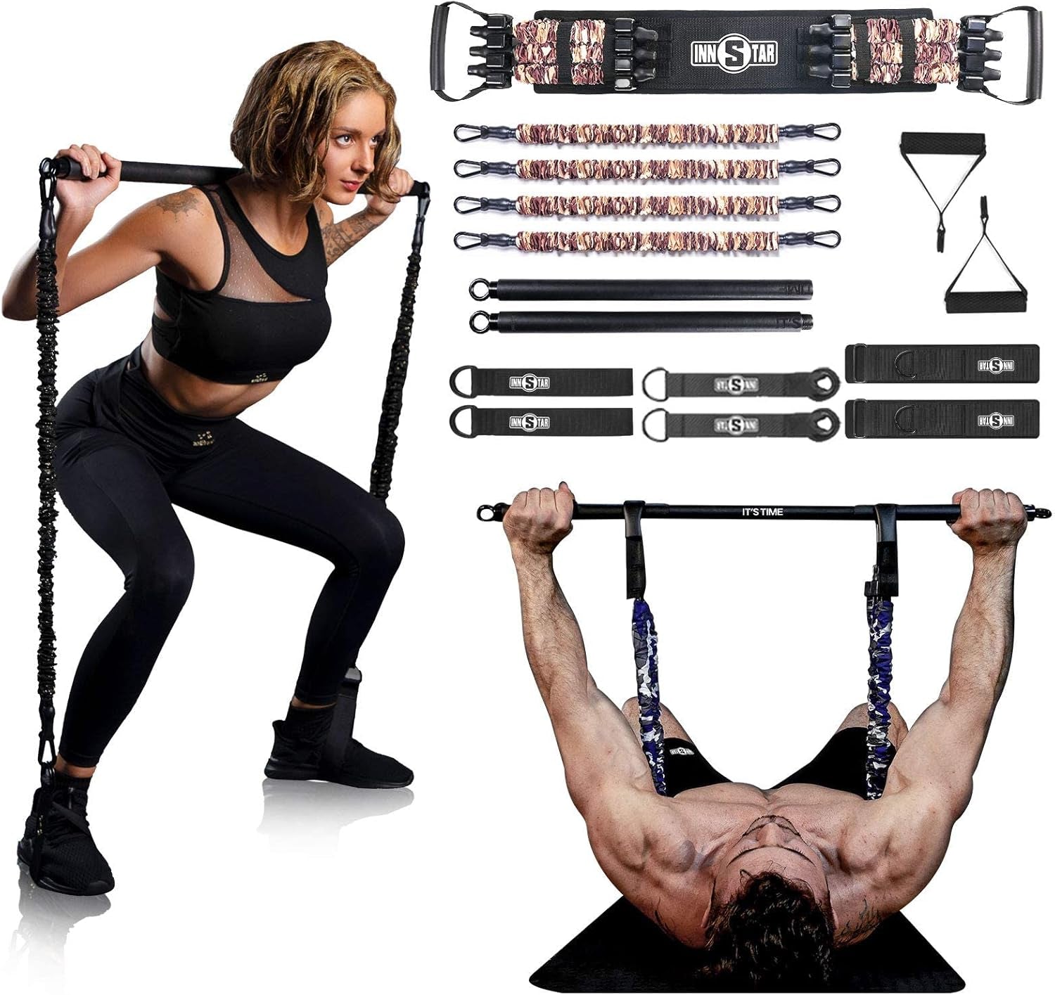 Portable Home Gym Set with Workout Bar, Bench Press Set, Squat Resistance Band, Door Anchor and More-Full Body Workout Equipment to Build Muscle and Shape Body