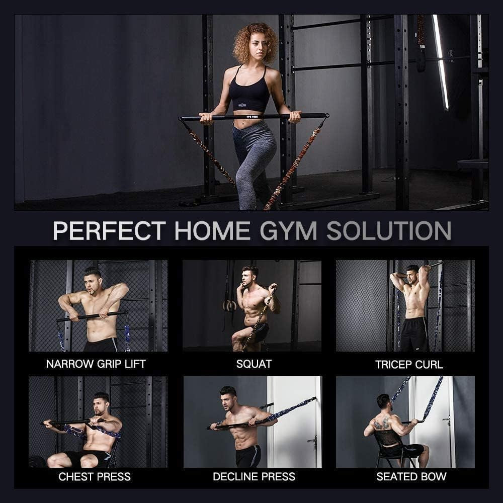 Portable Home Gym Set with Workout Bar, Bench Press Set, Squat Resistance Band, Door Anchor and More-Full Body Workout Equipment to Build Muscle and Shape Body
