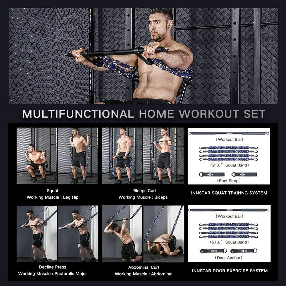 Portable Home Gym Set with Workout Bar, Bench Press Set, Squat Resistance Band, Door Anchor and More-Full Body Workout Equipment to Build Muscle and Shape Body