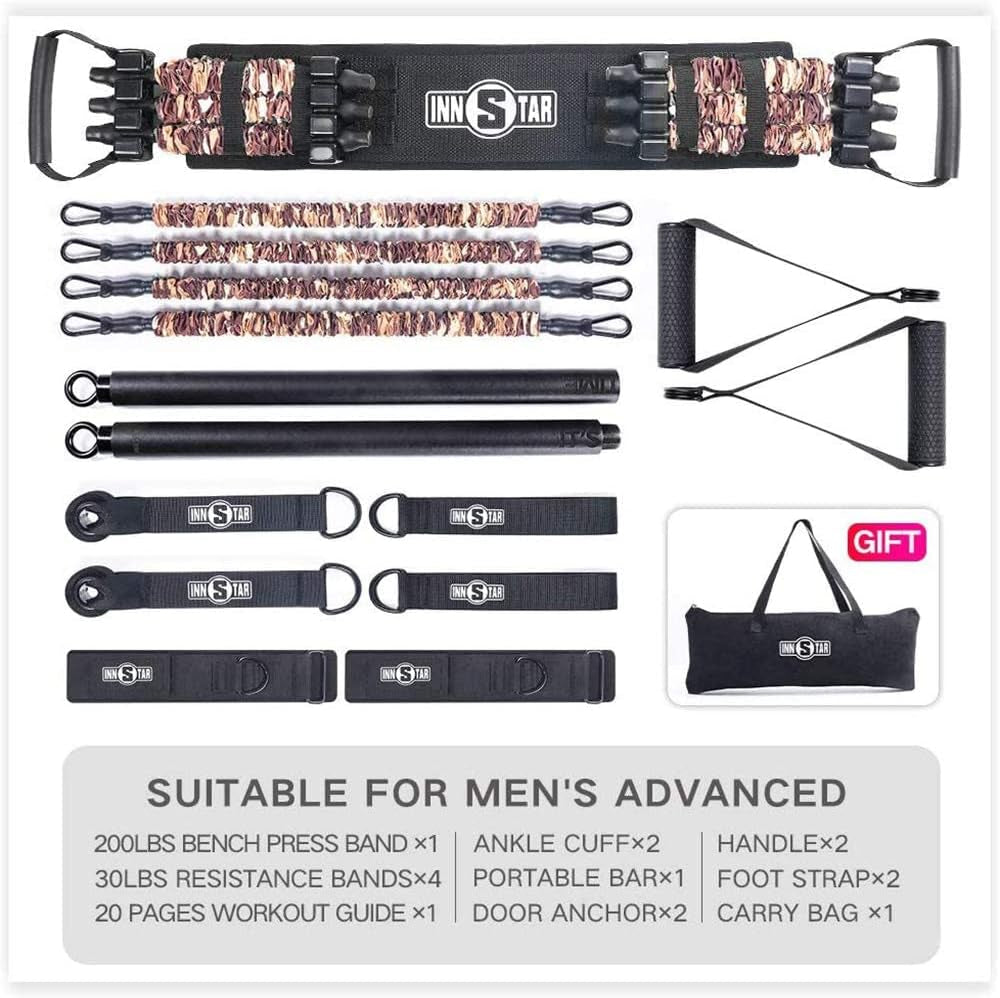 Portable Home Gym Set with Workout Bar, Bench Press Set, Squat Resistance Band, Door Anchor and More-Full Body Workout Equipment to Build Muscle and Shape Body